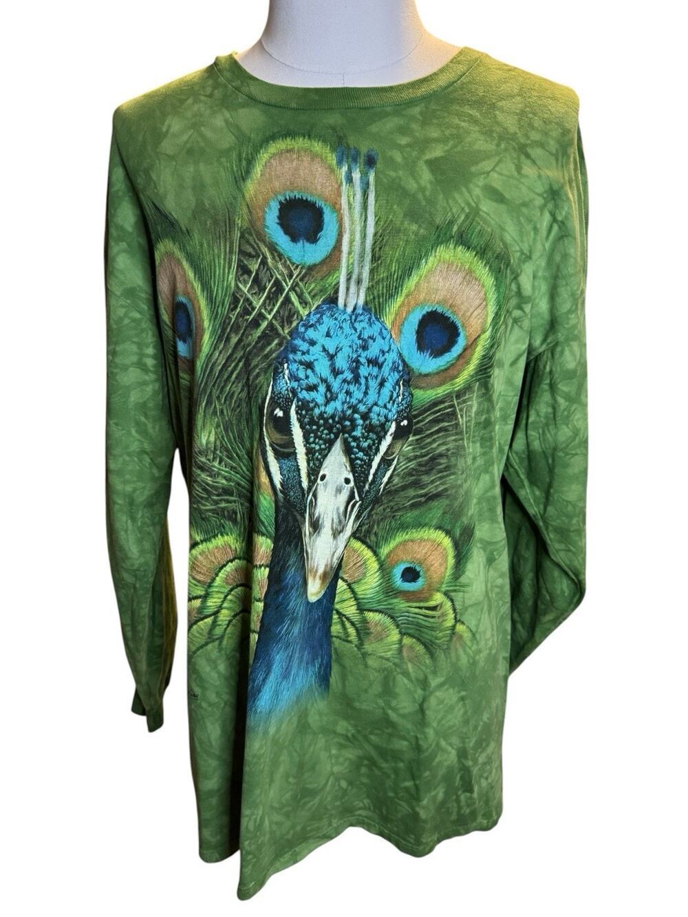 Vintage The Mountain Peacock Long Sleeve T-shirt Size 2XL 2013 Green Tie Dye